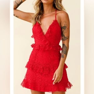 AIRLIE HALTERNECK OPEN BACK LACE DRESS RED